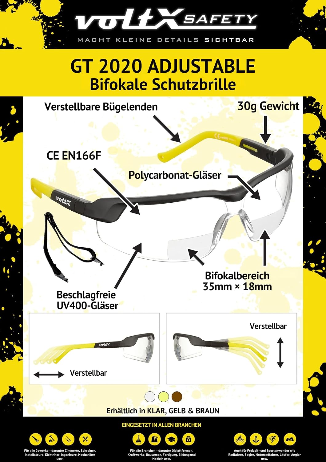 voltX 3 x GT ADJUSTABLE Bifokale Lesen Schutzbrille (KLAR, GELB, BRAUN +2.5 Dioptrie) CE EN166F, Ant