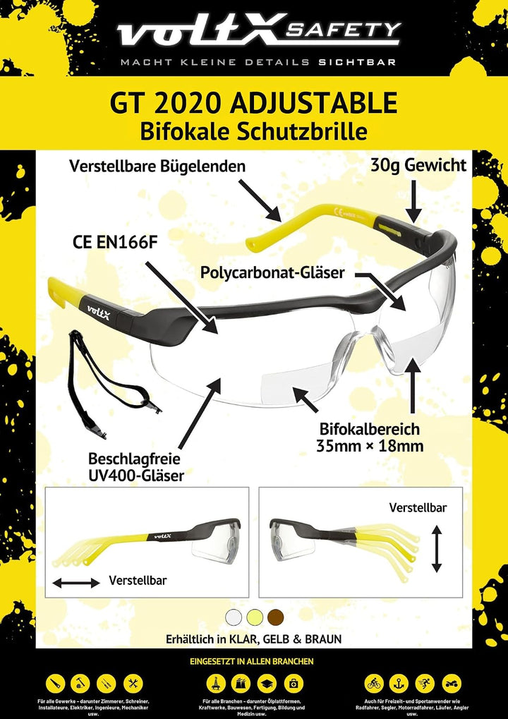 voltX 3 x GT ADJUSTABLE Bifokale Lesen Schutzbrille (KLAR, GELB, BRAUN +2.5 Dioptrie) CE EN166F, Ant
