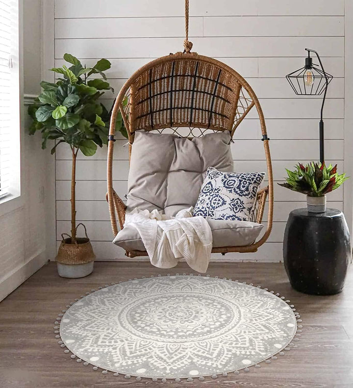 KIMODE Boho Runder Grau Teppich 120cm Mandala Schlafzimmer Weicher Grosser Teppich mit Pom Pom Frans