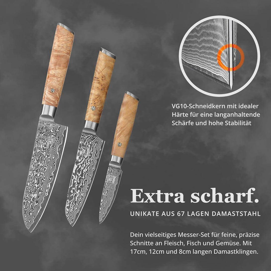 zayiko Kinone Premium 3er Damastmesser-Set mit 8-17 cm Klinge gefertigt aus 67 Lagen echtem Damastst