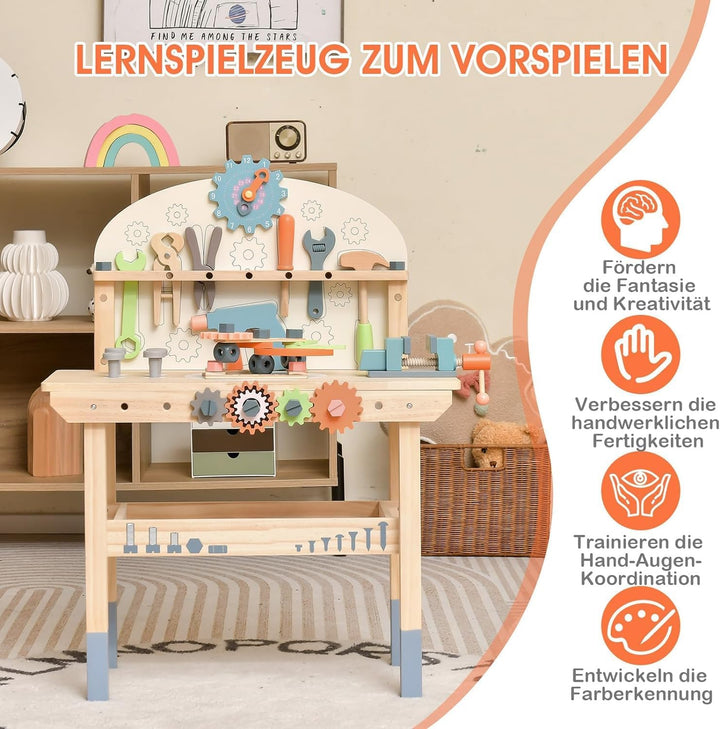 DREAMADE Werkbank Kinder, Werkzeugbank für Kinder aus Holz mit 63 Zubehör, Werkzeug Spielzeug Set mi