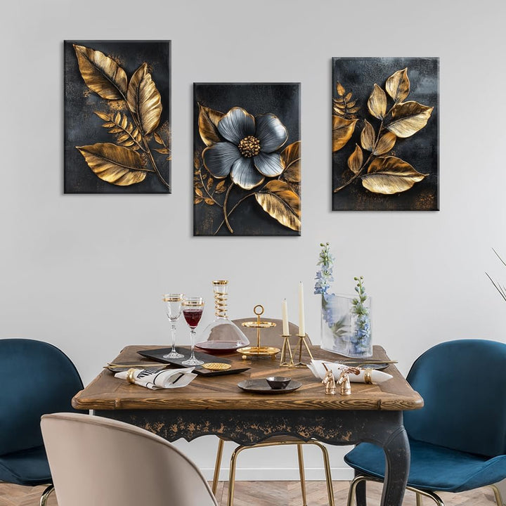 Piy Painting Blumen Wandgemälde, Schwarz Und Goldene Kunst Poster, Pflanzen Leinwand Gemälde, Leicht