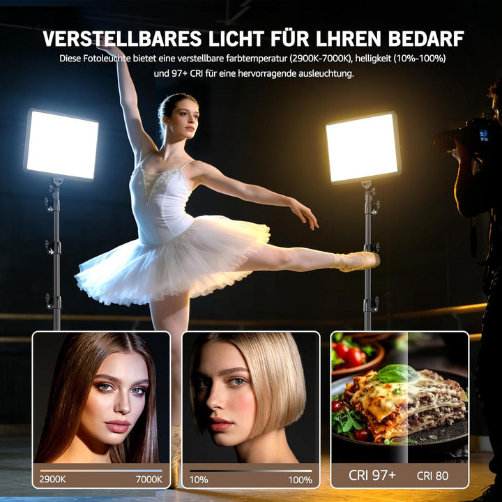 Video Licht, 2-25x20 cm 23W LED Studio Fotolicht Set, Dimmbares 2800–7000K Fill-Licht für Video/Stre