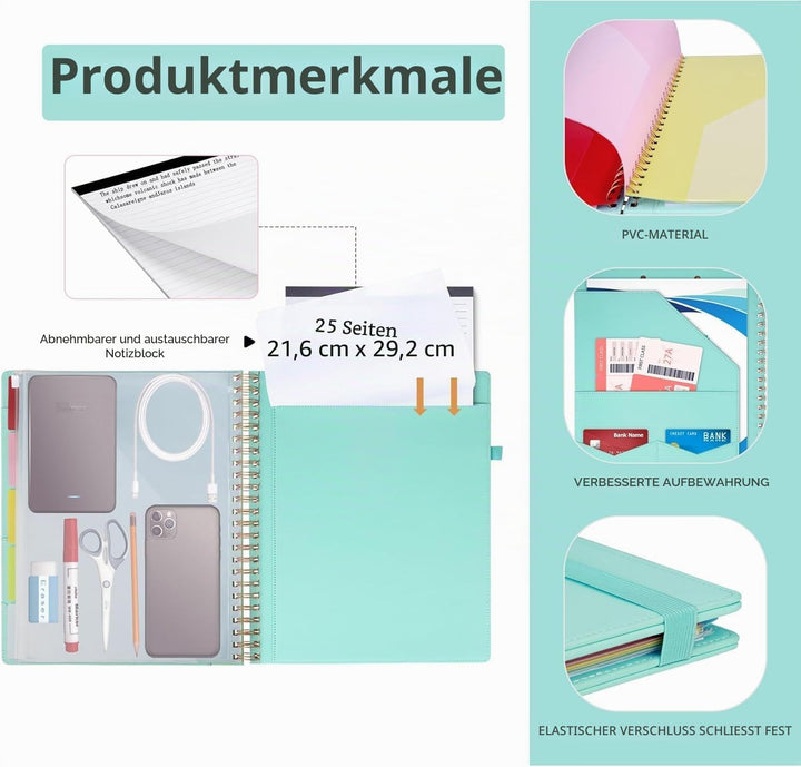 HAUTOCO PU-Leder Klemmbrett Folio mit Zip Beutel, Klemmbrettmappe A4 mit nachfüllbarem Notizblock, K