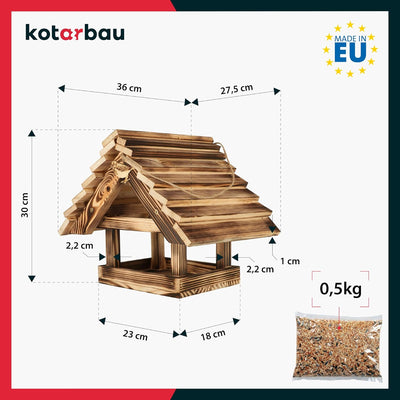 KOTARBAU® Holz-Vogelfutterhaus aus Gebranntem Holz zum Aufhängen + 0,5 kg Futter Gratis