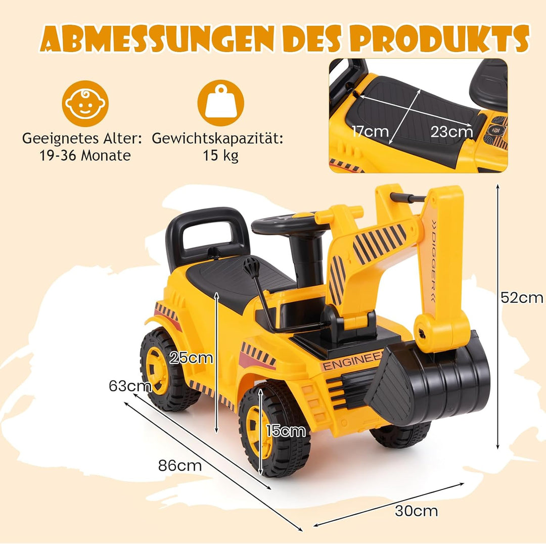 DREAMADE Kinder Sitzbagger, Bagger zum draufsitzenmit Verstellbarer Schaufel &amp; Hupe &amp; Kippschutz, Au
