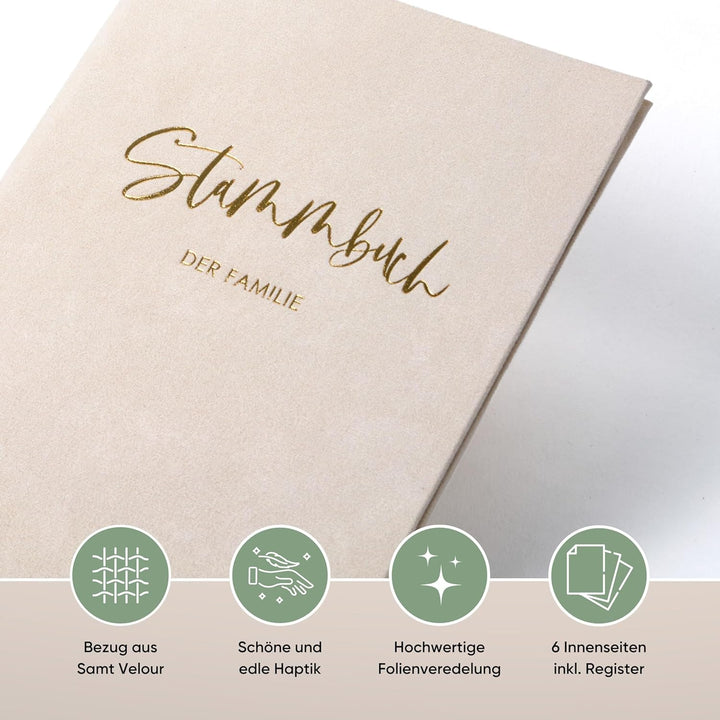 Stammbuch Hochzeit Beige-Grau Gold Samt Velour, handgefertigt inkl. vorgedruckten Innenseiten -Stand