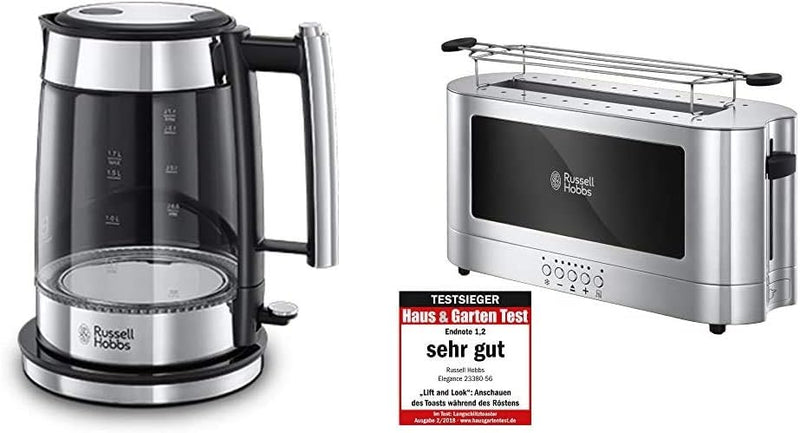 Russell Hobbs Wasserkocher, Glas Elegance, 200W & Toaster Langschlitz Elegance Glas/Edelstahl, inkl.