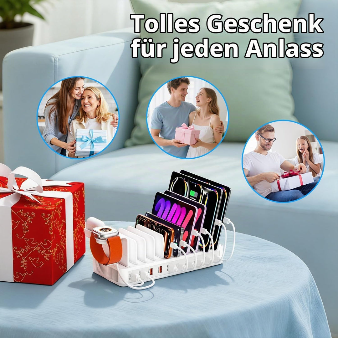 Ladestation Mehrere Geräte, USB C ladestation 100W, 10 Ports USB-Schnellladegerät Mit Uhrenhalterung