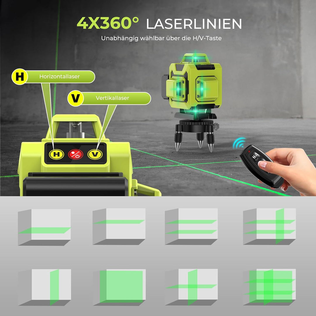 Kreuzlinienlaser Grün 4×360° – 16 Linien, 2x 2400mAh Selbstnivellierend, Kompakt & Mobil, Inklusive