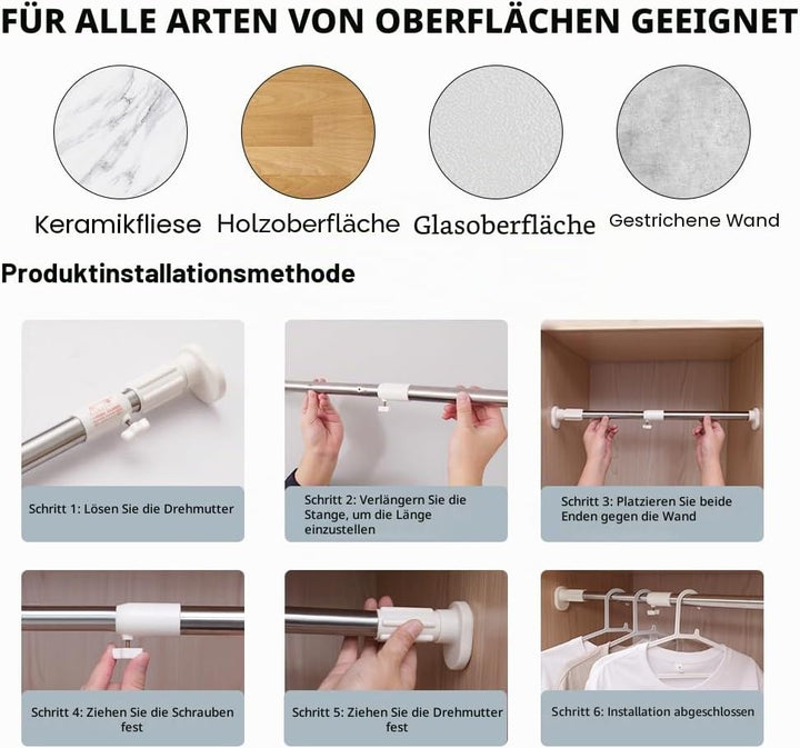 Hershii Gardinenstange ohne Bohren Erweiterbare Fenster Gardinenstange Kleiderbügelstange Ausziehbar