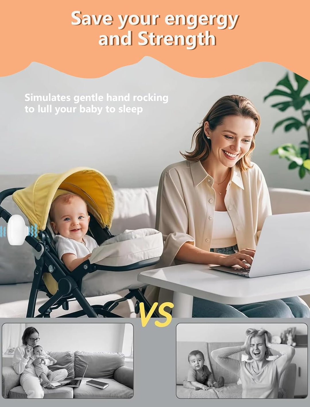 Kinderwagenschaukler, Einschlafhilfe Baby Wiederaufladbar (USB-C), 5 Einstellbare Schaukelintensität