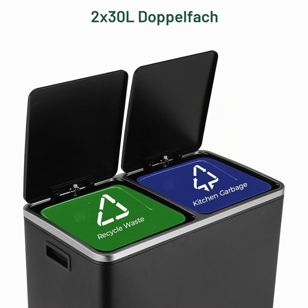 LIFERUN Mülleimer 2 Fächer, Abfalleimer Küche 60L (2x 30 Liter), aus Metall, mit Softclose Deckel, 2