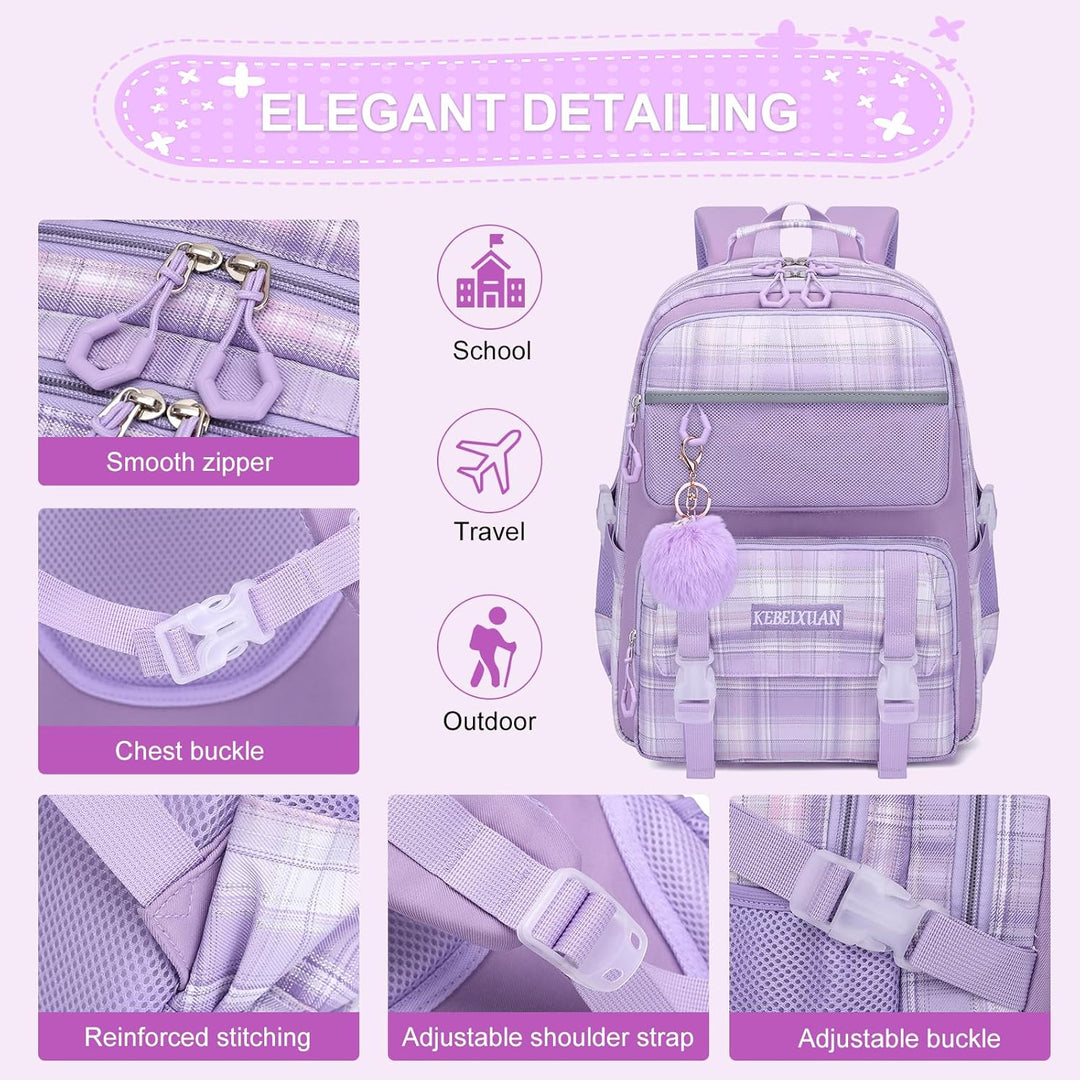 KEBEIXUAN Rucksack Mädchen, Schultasche Mädchen 1.-5. Klasse, Atmungsaktiv Schulrucksack mit Pom-Pom