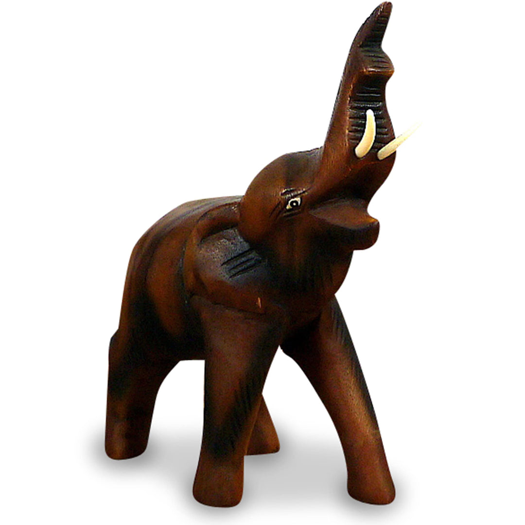 livasia Holzelefant (Rüssel Oben) Tierskulptur aus Massivholz, Holzfigur (Kleiner Elefant), kleiner