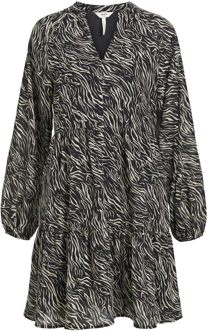 Object Mila Gia Long Sleeve Smock Dress 34 Black/Aop:sandshell Zebra, 34 Black/Aop:sandshell Zebra