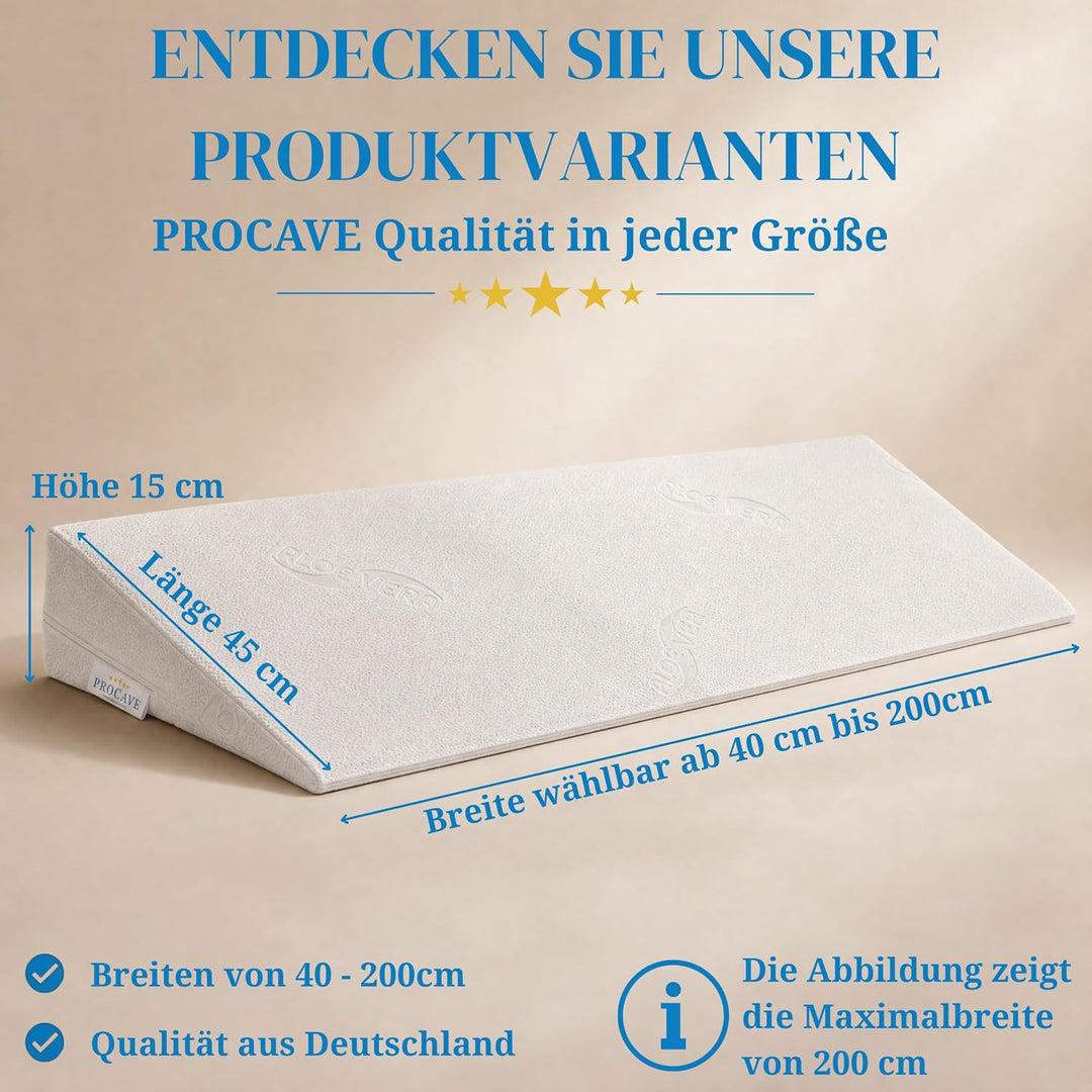 PROCAVE Bettkeil | keilförmiges Schaumstoffkissen | atmungsaktive Matratzenerhöhung | Made in German