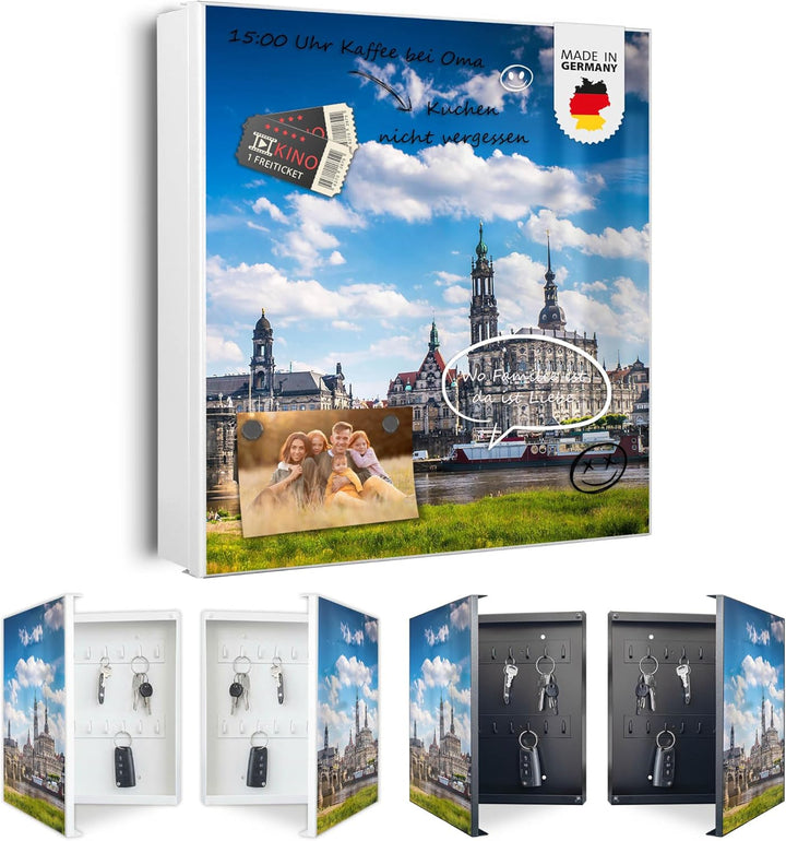 banjado® Grosser Schlüsselkasten Glas/Schlüsselbox 30cm x 30cm mit 50 Haken - Motiv Elbflorenz/Schlü