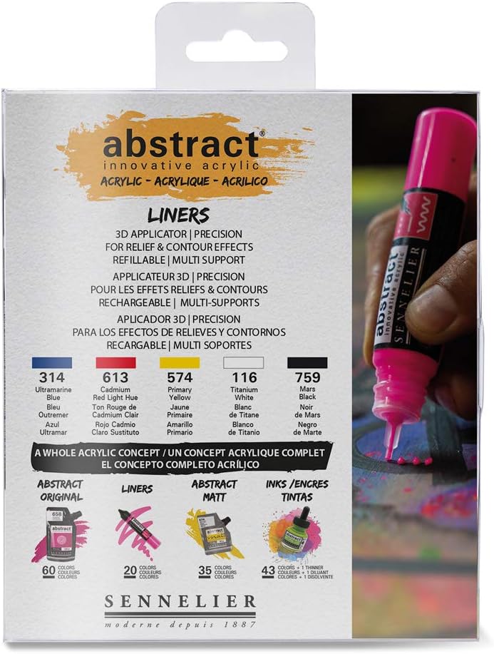 Sennelier Abstract Acrylic Discovery Liner Set, Includes 5-27ml 3D Liners, Primary Colors (10-121350