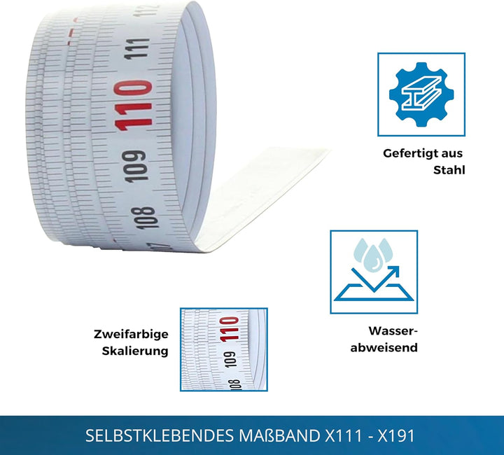 hedue® selbstklebendes Massband 10 m X191 - Massband selbstklebend , von rechts nach links von recht