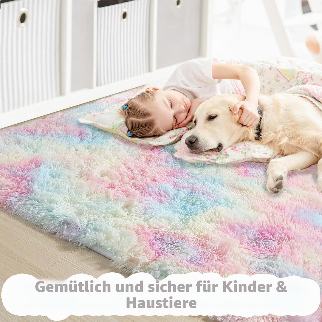 Flauschige Regenbogen-Teppiche für Mädchenzimmer, Einhorn-Zimmerdekoration, Pastell-Teppich für Kind