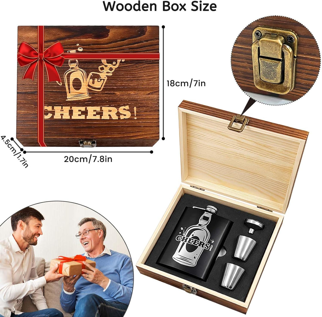 Daily Treasures Whisky-Geschenkset in Holzbox mit 236ml Edelstahlflasche, 2 Gläsern + Trichter | CHE