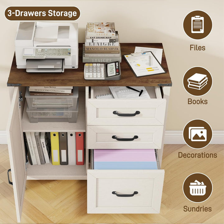 BonVache Aktenschrank mit 3 Schubladen &amp; Tür, Landhausstil Schubladenschrank aus Holz, Weisser Büros