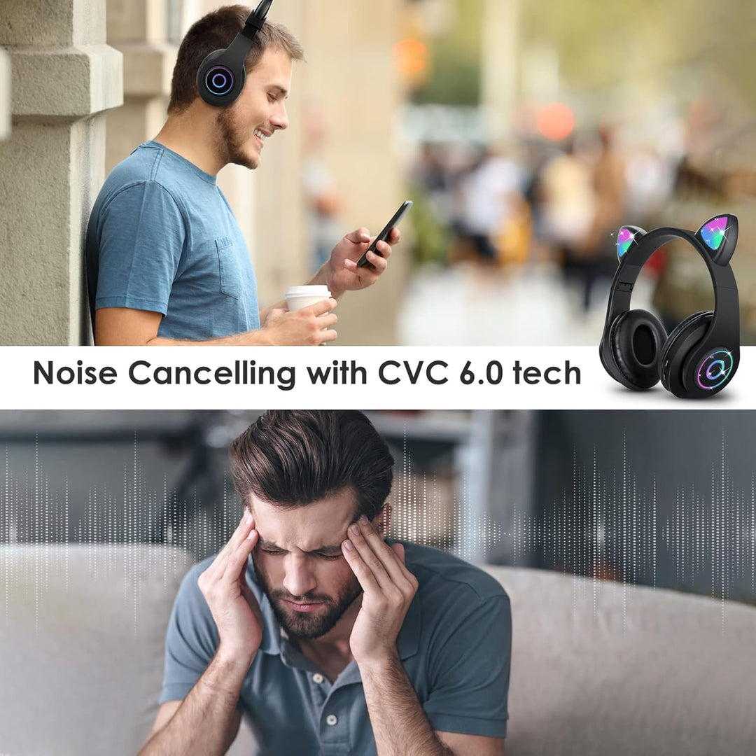 Sendowtek Kinder Kopfhörer, Bluetooth Kinderkopfhörer Over Ear Niedlich Katze mit Ohr Blinkendes Lic