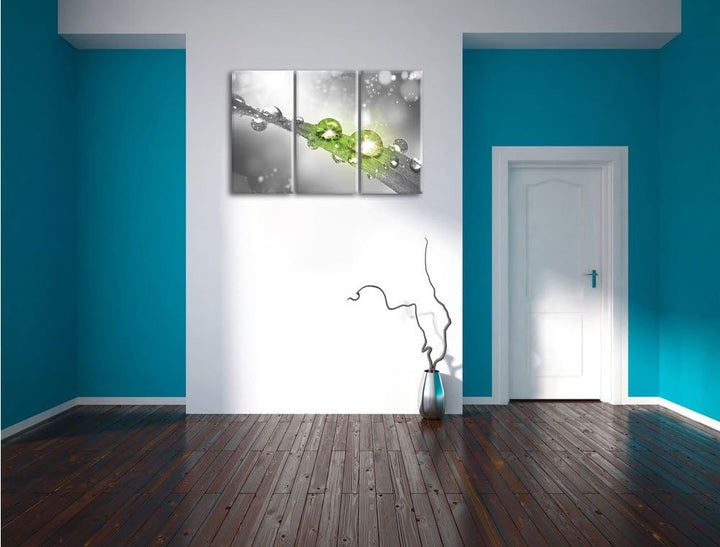 Pixxprint Wassertropfen auf Grashalm B&W Detail 3-Teiler Leinwandbild 120x80 Bild auf Leinwand