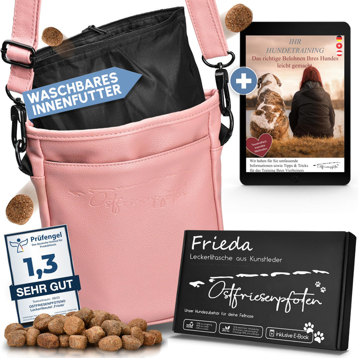 Ostfriesenpfoten® Leckerlibeutel 'Frieda' für Hunde aus hochwertigem Kunstleder - Altrosa Grösse M -