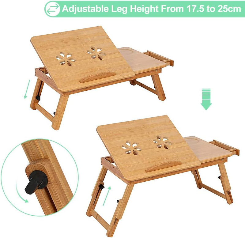 Laptoptisch als Tabletttisch fürs Bett oder Sofa aus Holz, Höhenverstellbarer Laptoptisch mit Schubl