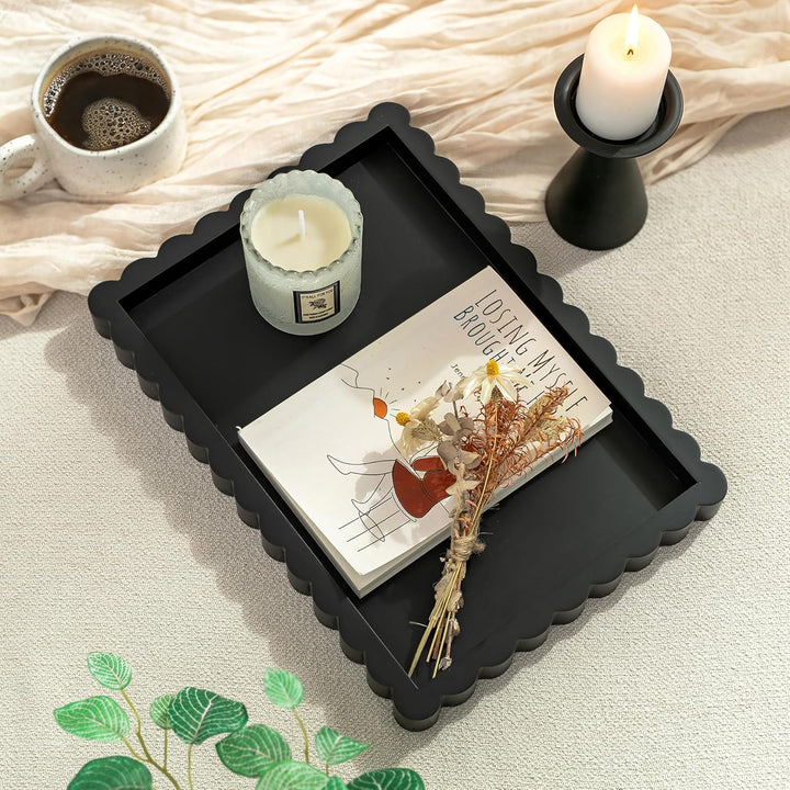 Hanobe Deko Tablett Schwarz 35x25 cm: Modern Serviertablett Holz Rechteckig | Dekotablett gross mit