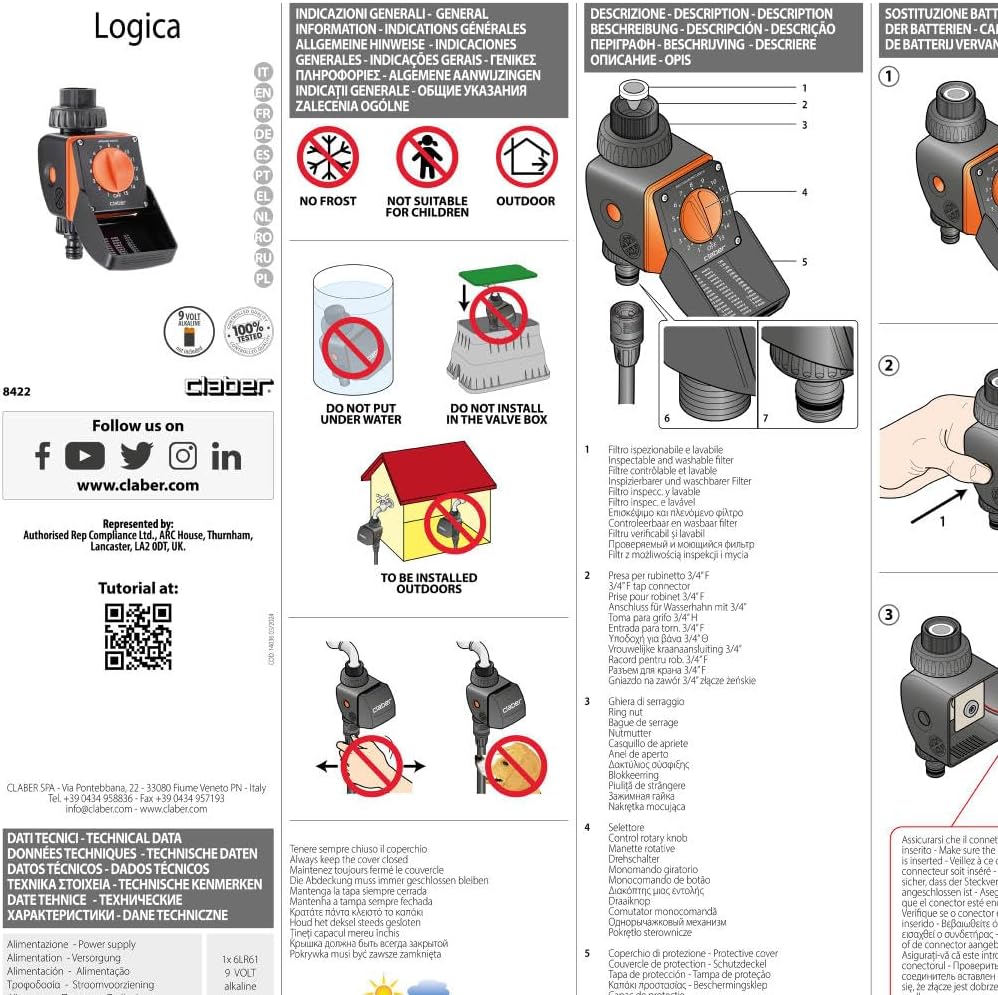 Claber 53922 8422 Aquauno Logica Programmierer, Schwarz/Orange Einzeln