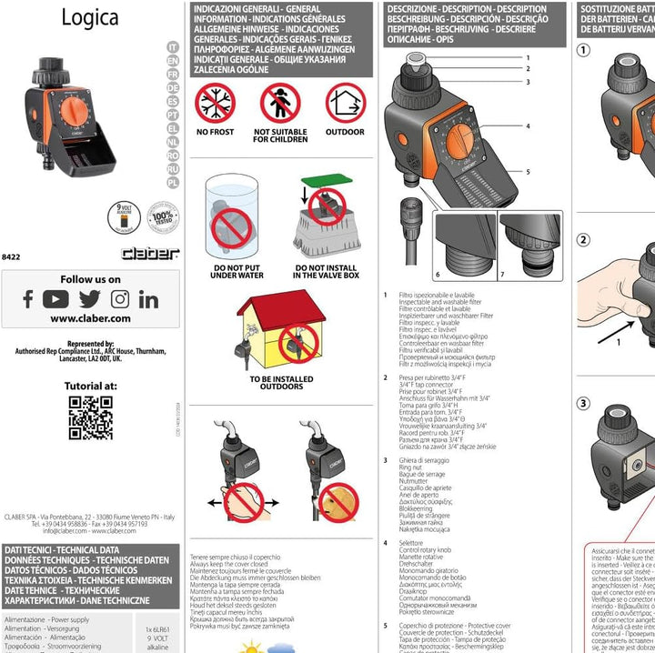 Claber 53922 8422 Aquauno Logica Programmierer, Schwarz/Orange Einzeln