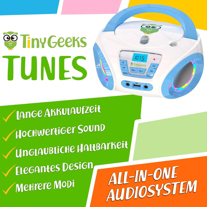 Tinygeeks Tunes Kids CD Player für Kinder - NEU 2024 - UKW-Radio - Inklusive Batterien - Blau - Boom