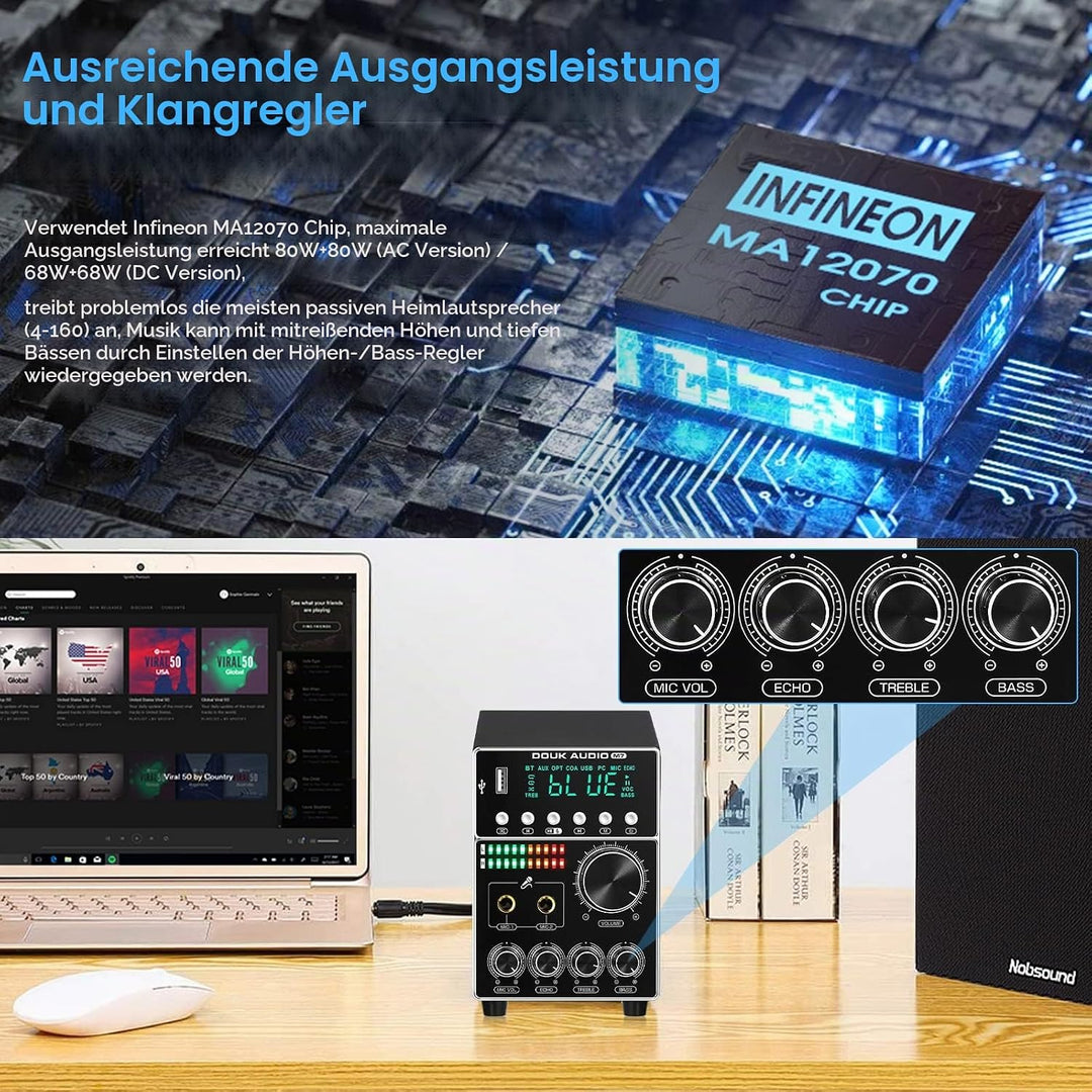 HiFi Dual MIC Digital Verstärker Bluetooth Empfänger USB Player S/PDIF Audio Power Amplifier Karaoke