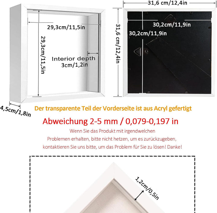 Bilderrahmen zum Befüllen, 3D Objektrahmen Tiefer 3 cm, Tiefer Bilderrahmen zum Befüllen 30 x 30 cm,
