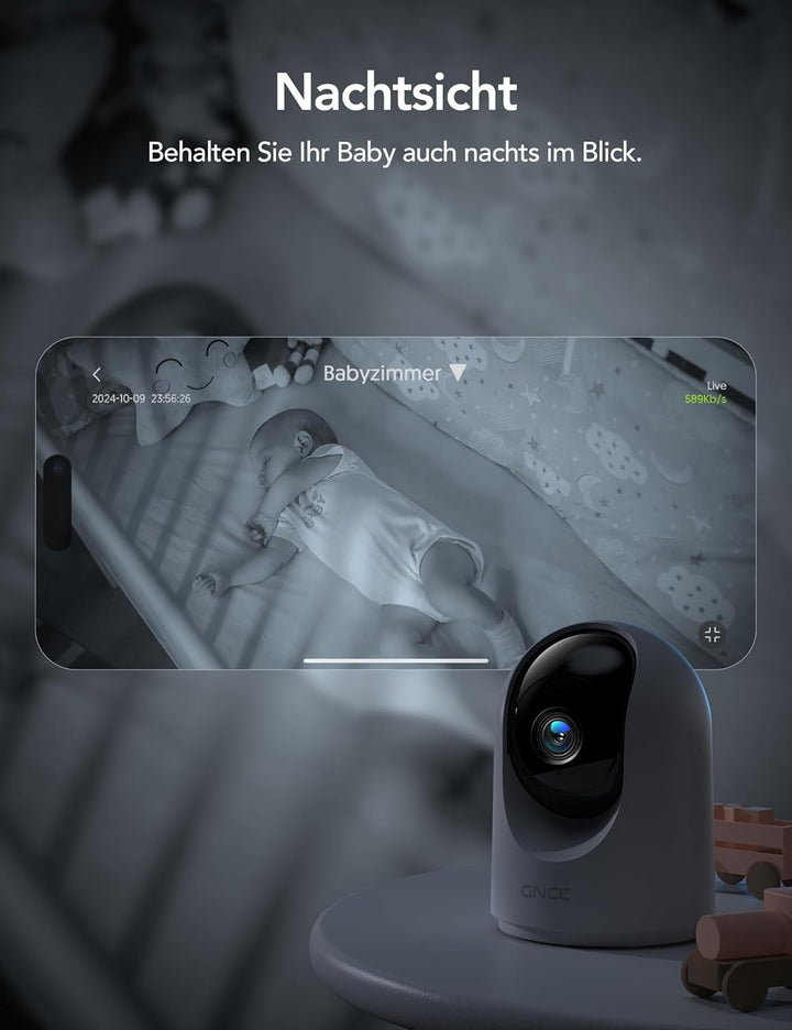 GNCC Überwachungskamera Innen - 2K Kamera Überwachung Innen, 360° WLAN Kamera Indoor mit Nachtsicht,