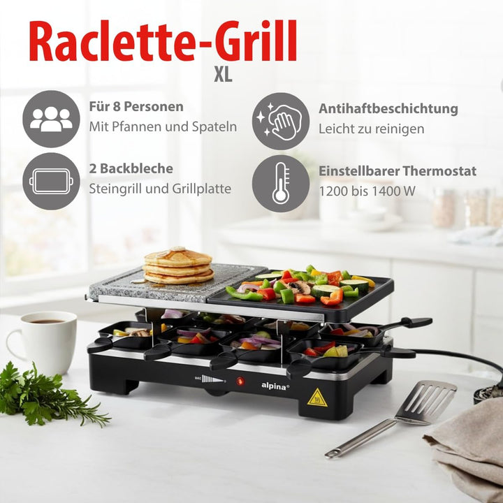 alpina Elektrogrill WJ-K202A - Tischgrill Elektrisch 1200W - Raclette 8 Personen mit 2 Lagen - mit 8