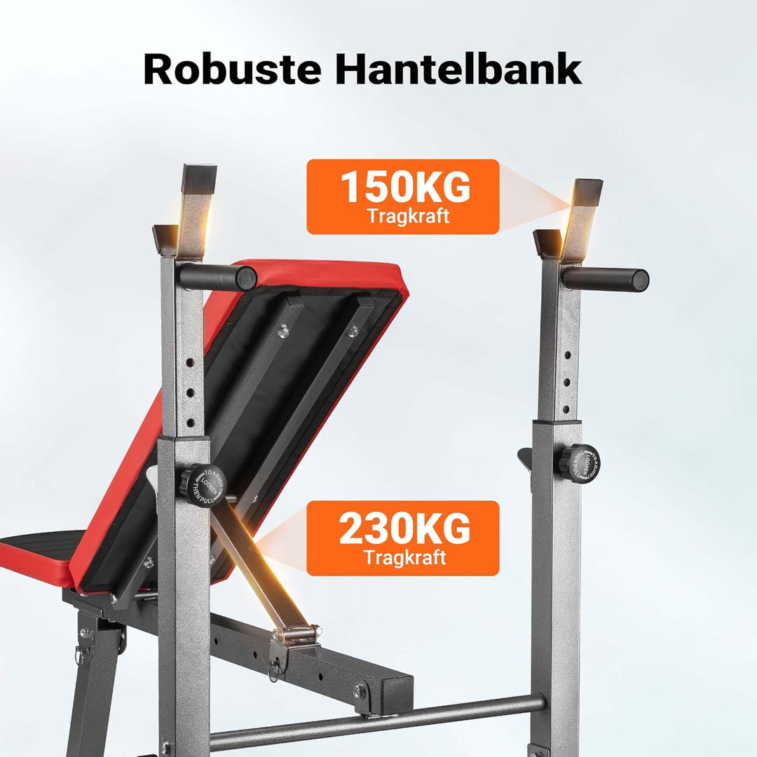 Wiltec Hantelbank klappbar bis 230kg Trainingsbank mit Langhantelablage 2in1 Schrägbank und