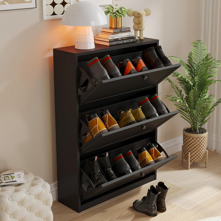VOWNER Schuhschrank mit 3 Klappen, Schuhregal Schuhkipper Schmal, Schuhschrank Schwarz, mit 6 Fächer
