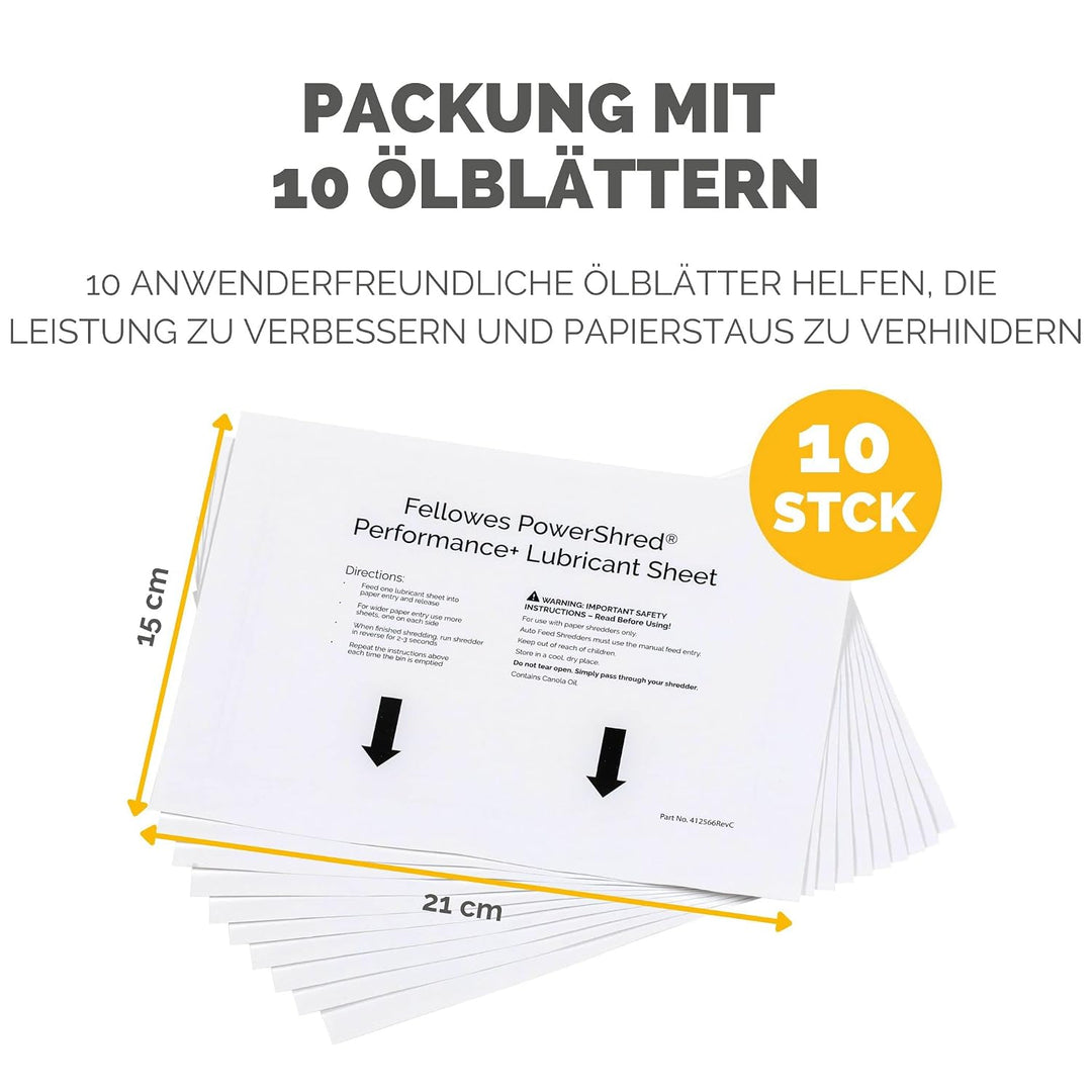 Fellowes Ölpapier für Aktenvernichter - 10 Ölblätter zur Pflege von Papierschreddern - Powershred Qu