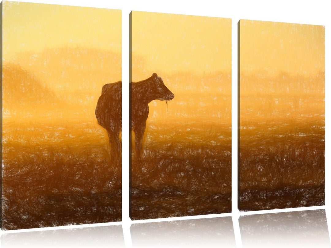 Pixxprint eine fressende Kuh auf der Weide als Leinwandbild/Grösse: 3 Teilig (120x80) / Wandbild/Kun
