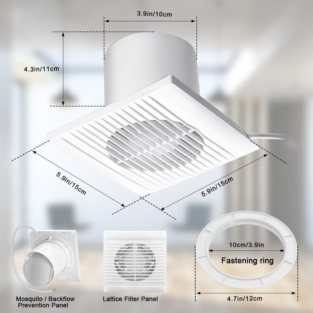 Badlüfter Ø 100mm mit Rückstauklappe, 150 m³/h Wandlüfter Ventilator, Weiss Leiser Abluftventilator