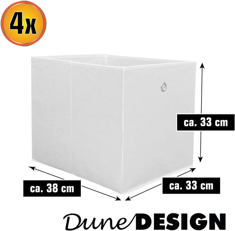 DuneDesign 4er Set Aufbewahrungsbox für Kallax Regal - 33x38x33 Stoff Box mit Öse - Faltbox Weiss We