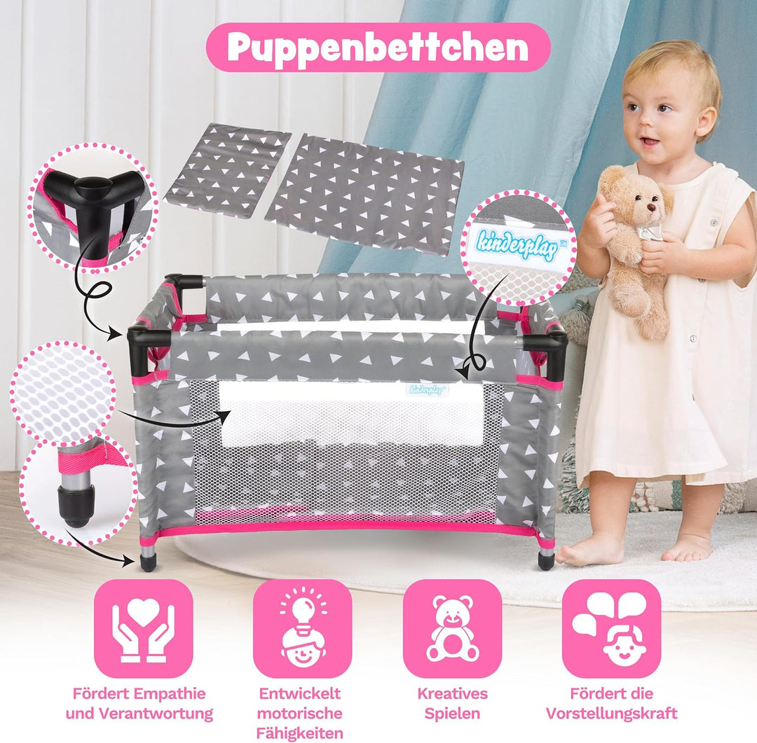Kinderplay Puppenbett | Puppen Bett Spielzeug - Puppenreisebett für Baby Born | Baby Annabell Puppen