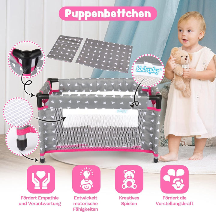 Kinderplay Puppenbett | Puppen Bett Spielzeug - Puppenreisebett für Baby Born | Baby Annabell Puppen