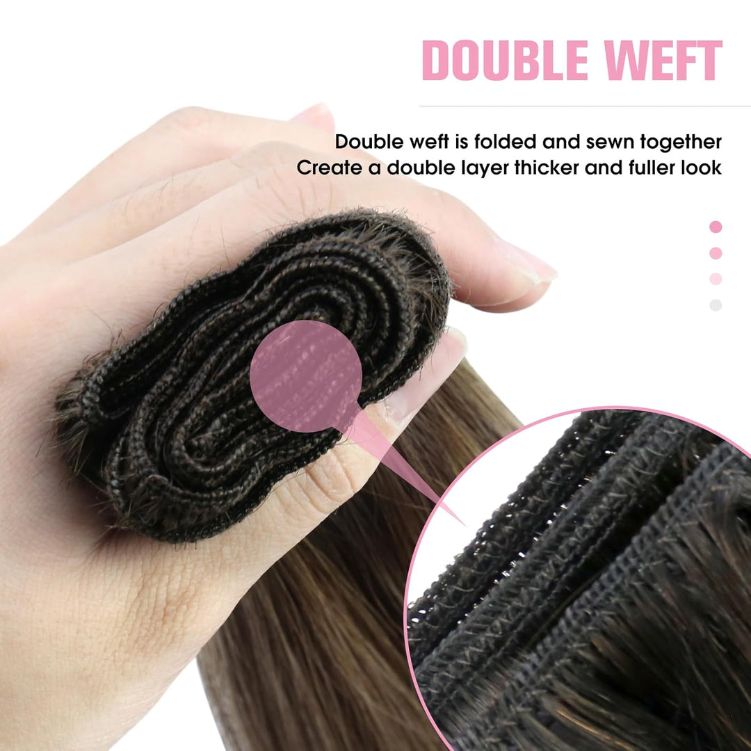 YoungSee Echthaar Tressen Ombre Tressen Echthaar zum Einnahen 45cm Haartressen Echthaar Dunkelbraun