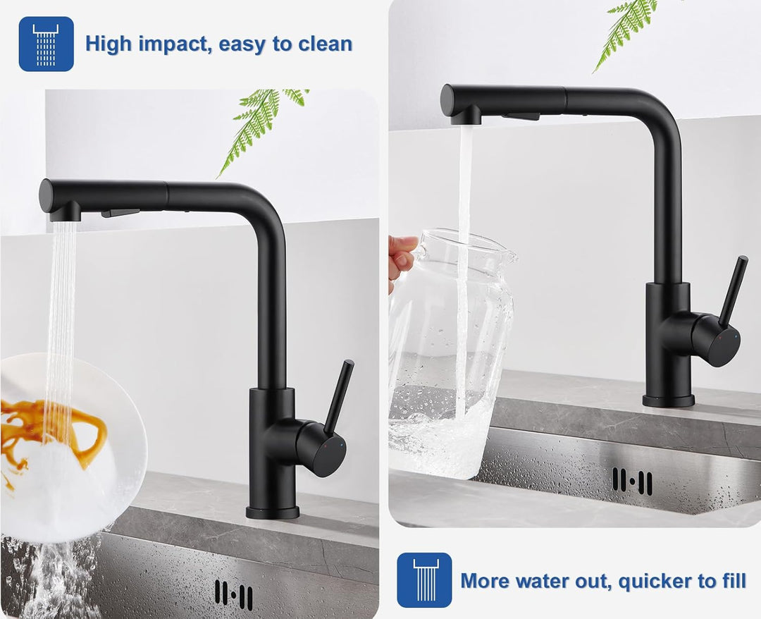 WOOHSE Küchenarmatur mit Brause Ausziehbar, Hochdruck Wasserhahn Küche Schwarz 360° Drehung, Spültis