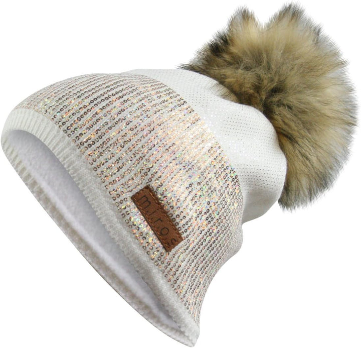Sandy Damen Wintermütze Weiss mit goldenem Pailletten Print | handgemachte Mütze